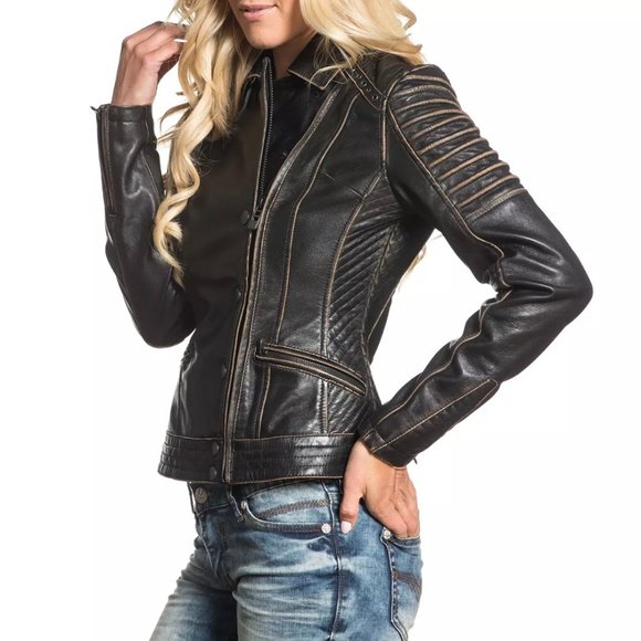 AFFLICTION Leather TRUE DESTINY WOMEN'S JACKET Bla - Picture 4 of 12